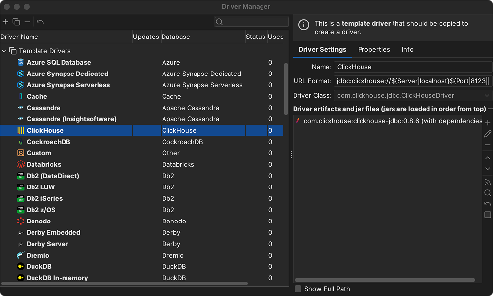 Интерфейс управления драйверами DbVisualizer с конфигурацией JDBC-драйвера ClickHouse