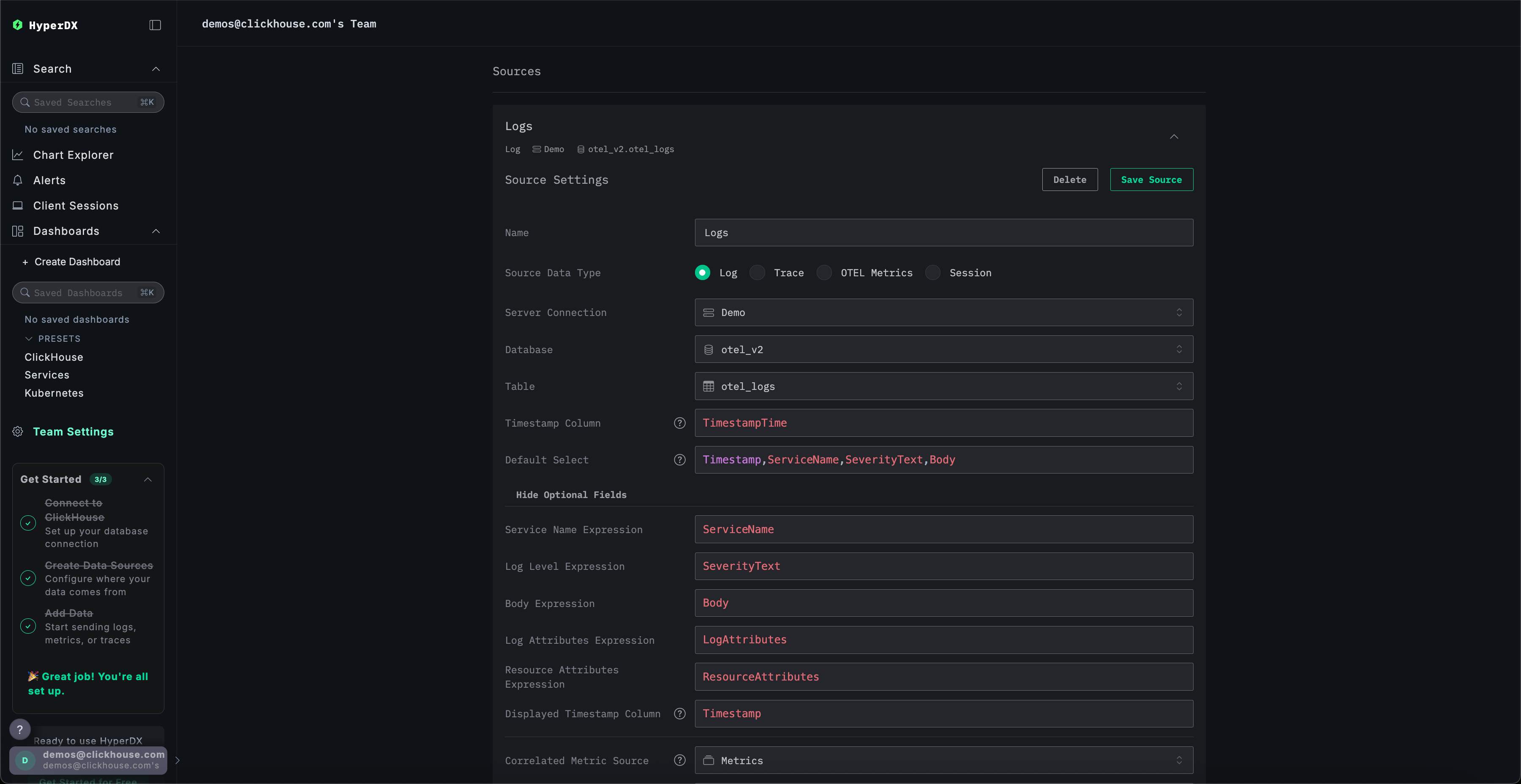 Конфигурация источника HyperDX