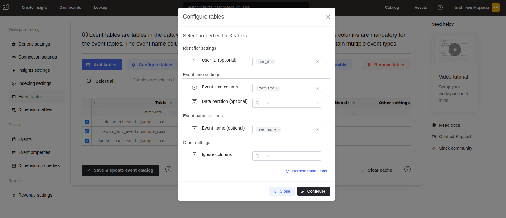 Конфигурация каталога событий Mitzu с отображением вариантов сопоставления столбцов