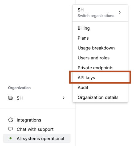 Вкладка API Keys